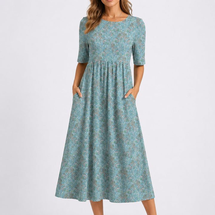 Rosalie | Women's White Floral Scoop Neck Short Sleeve Pockets Wedding Guest Empire Waist Dress
