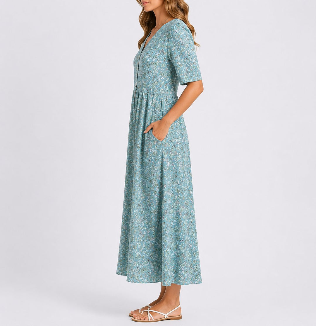 Rosalie | Women's White Floral Scoop Neck Short Sleeve Pockets Wedding Guest Empire Waist Dress