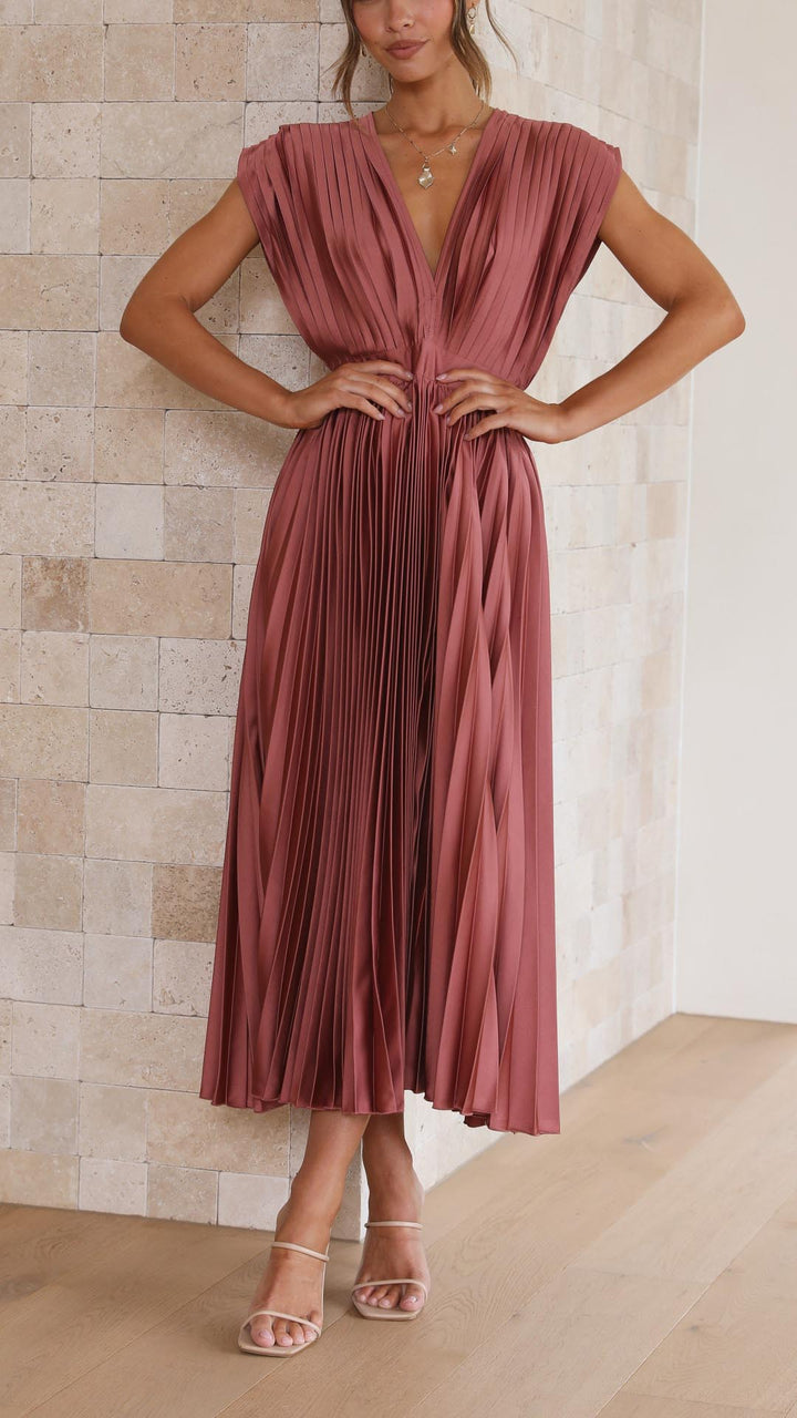 Nina | Women's Satin V Neck Sleeveless Pleated Cocktail Midi Sequin Dress