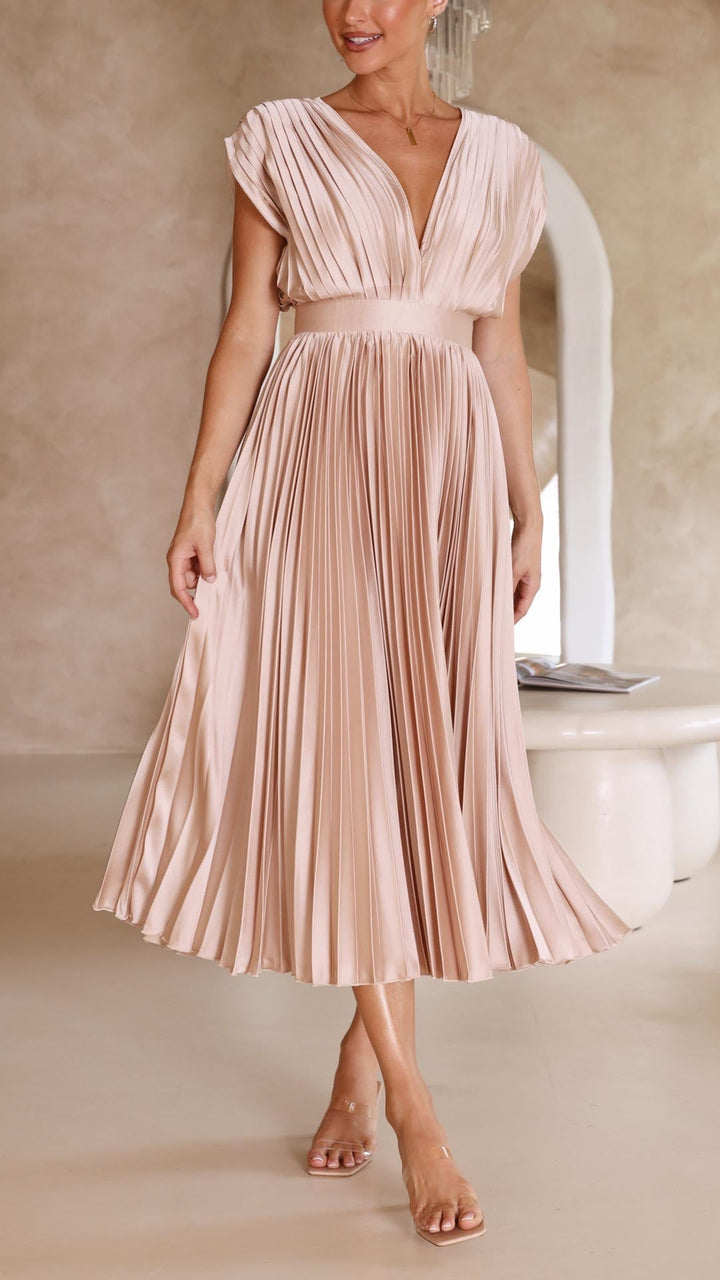Nina | Women's Satin V Neck Sleeveless Pleated Cocktail Midi Sequin Dress