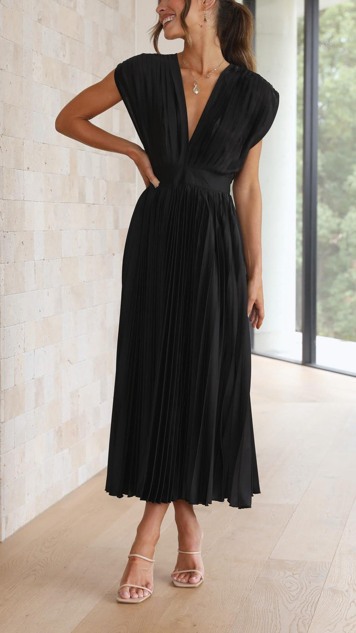 Nina | Women's Satin V Neck Sleeveless Pleated Cocktail Midi Sequin Dress