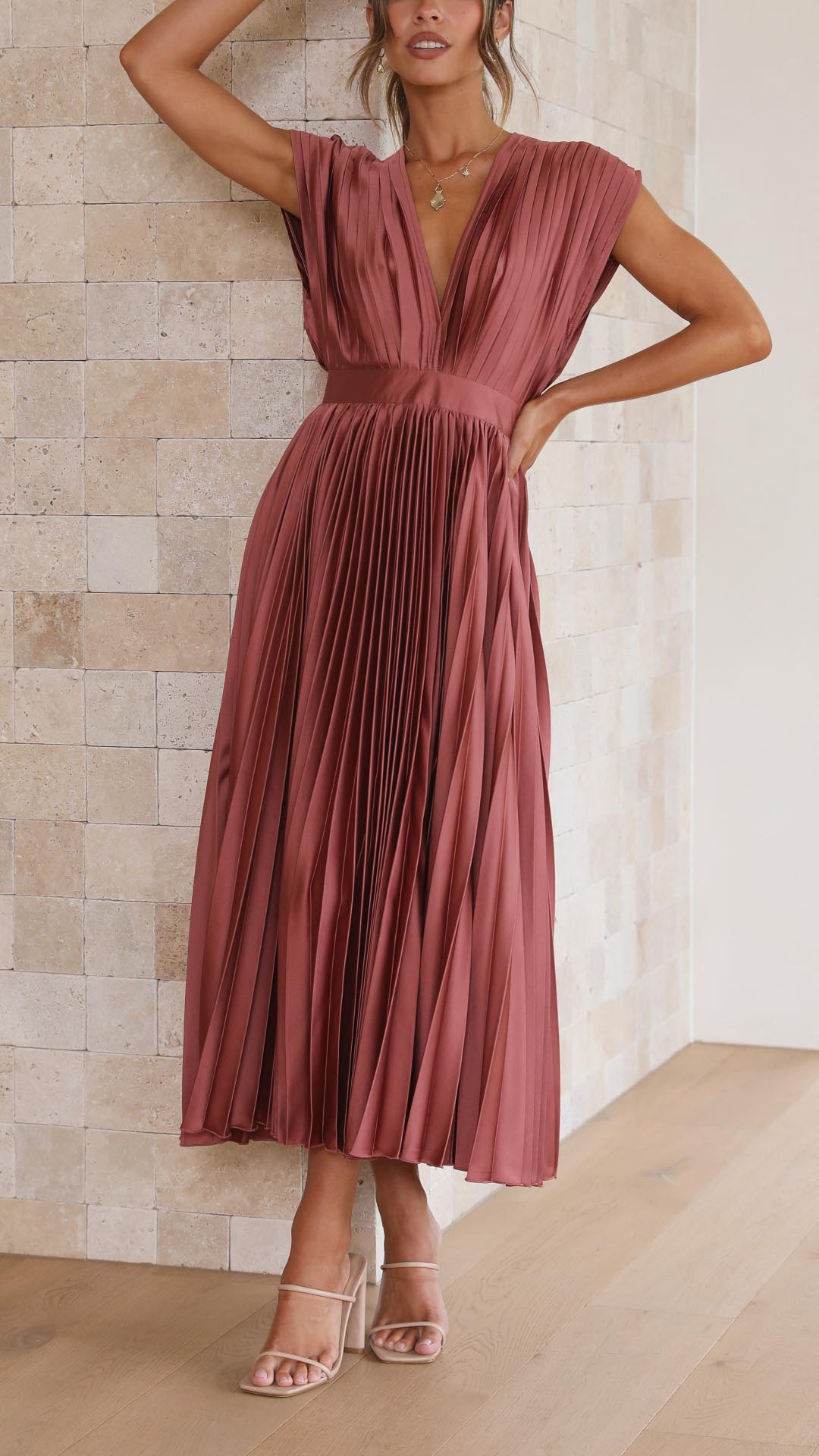 Nina | Women's Satin V Neck Sleeveless Pleated Cocktail Midi Sequin Dress