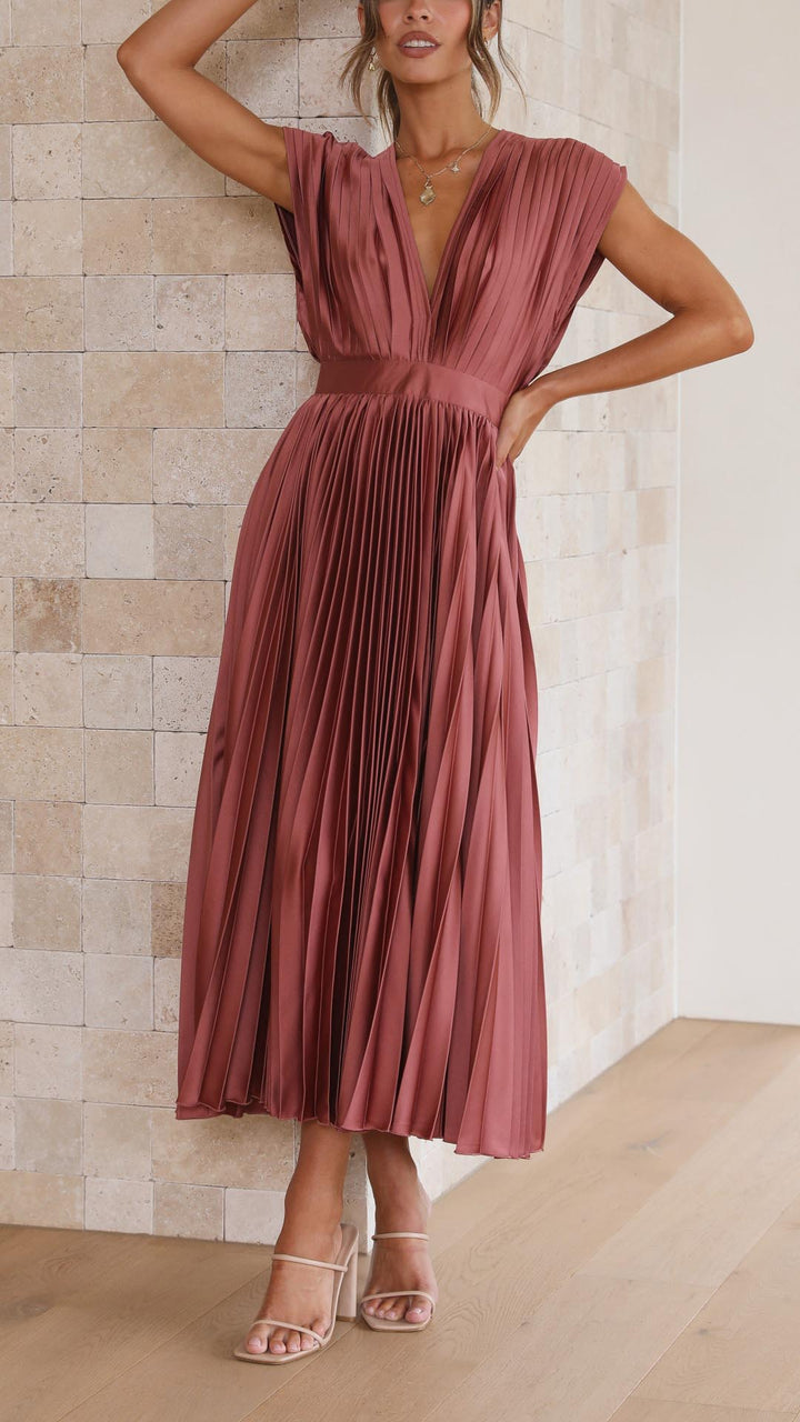 Nina | Women's Satin V Neck Sleeveless Pleated Cocktail Midi Sequin Dress