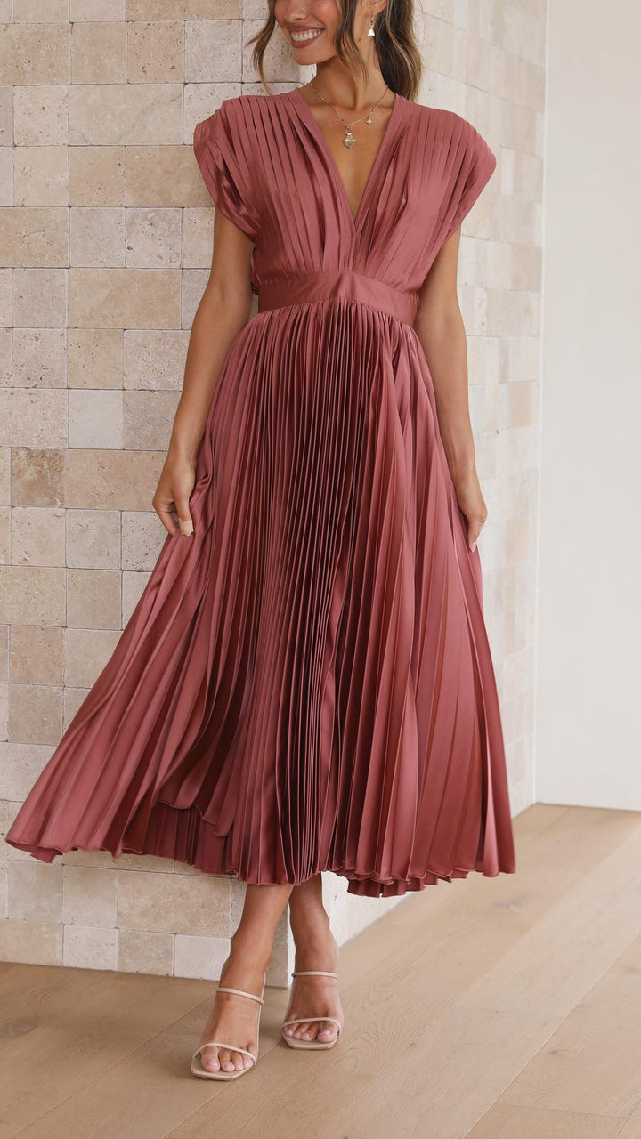 Nina | Women's Satin V Neck Sleeveless Pleated Cocktail Midi Sequin Dress