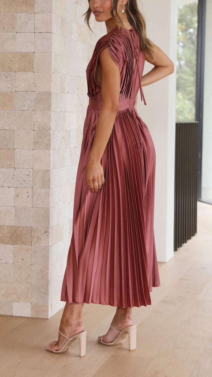 Nina | Women's Satin V Neck Sleeveless Pleated Cocktail Midi Sequin Dress