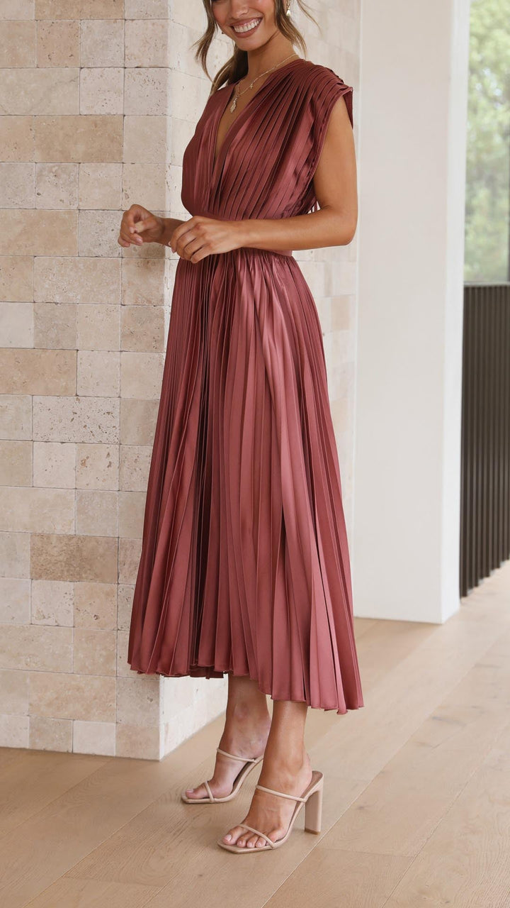 Nina | Women's Satin V Neck Sleeveless Pleated Cocktail Midi Sequin Dress