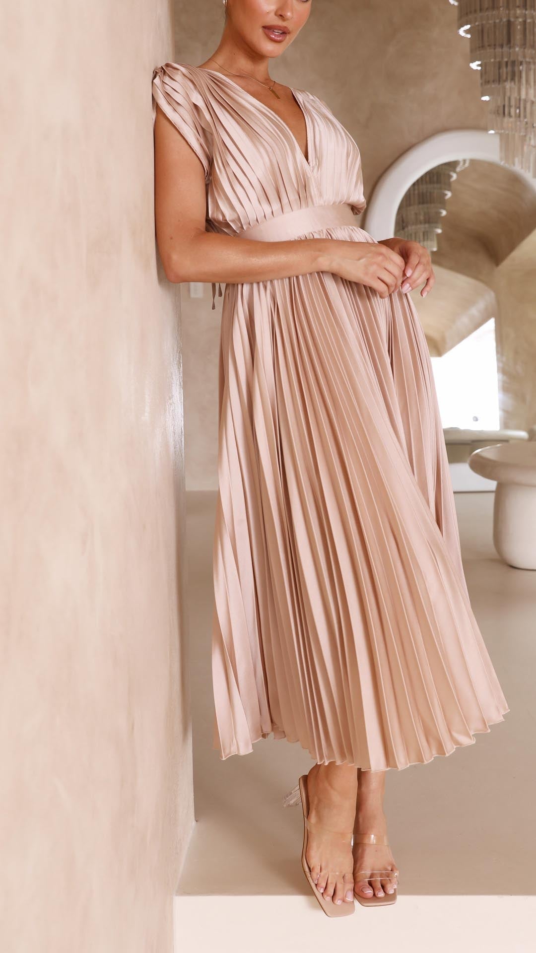Nina | Women's Satin V Neck Sleeveless Pleated Cocktail Midi Sequin Dress