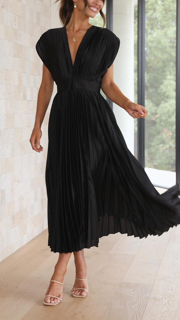 Nina | Women's Satin V Neck Sleeveless Pleated Cocktail Midi Sequin Dress