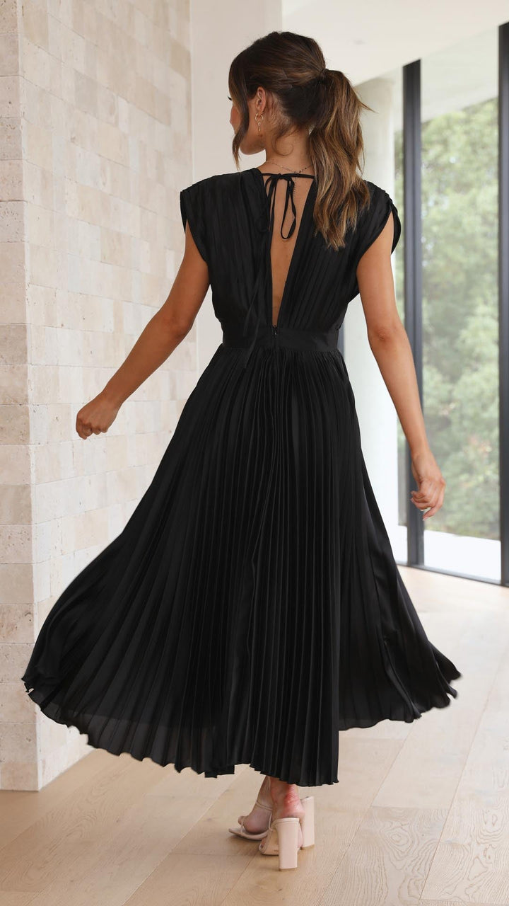 Nina | Women's Satin V Neck Sleeveless Pleated Cocktail Midi Sequin Dress