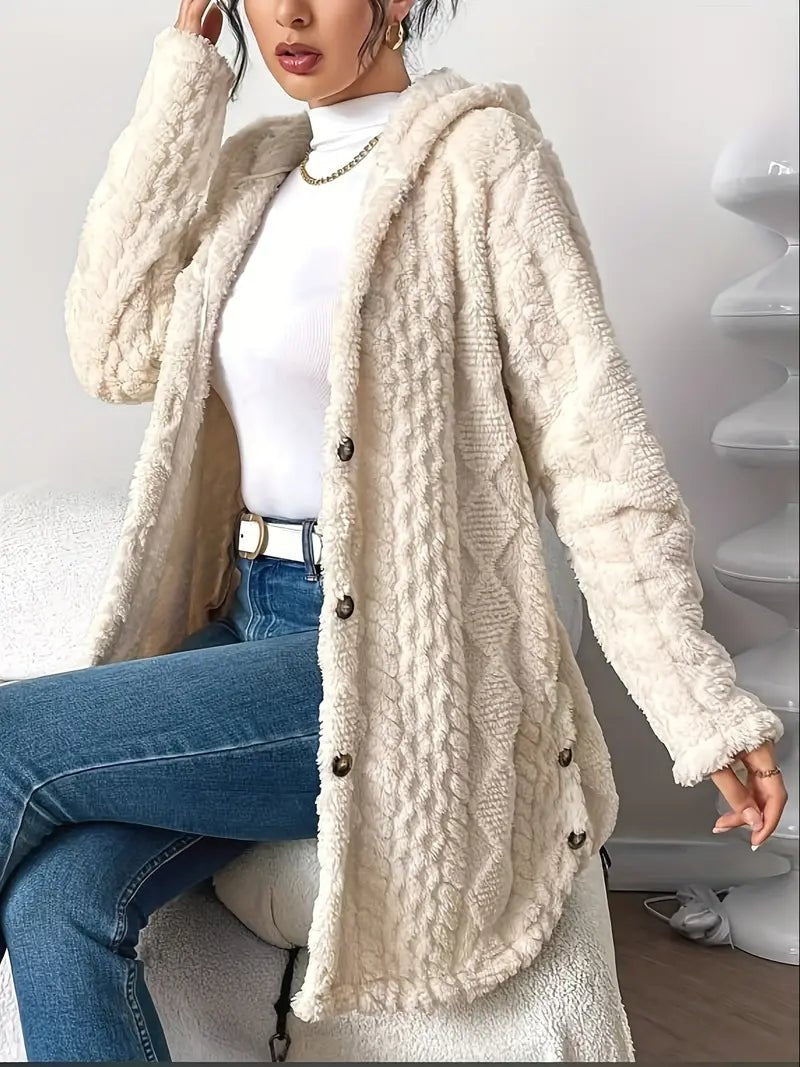 Stylish Fleece Cardigan Sweater for Women with Button Front Hooded Pockets Oversized Party Style