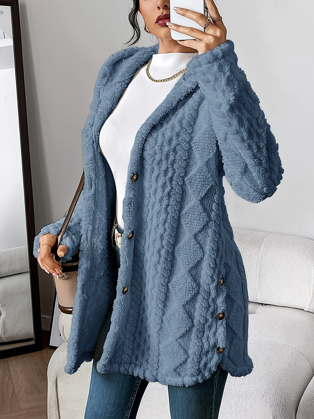 Stylish Fleece Cardigan Sweater for Women with Button Front Hooded Pockets Oversized Party Style
