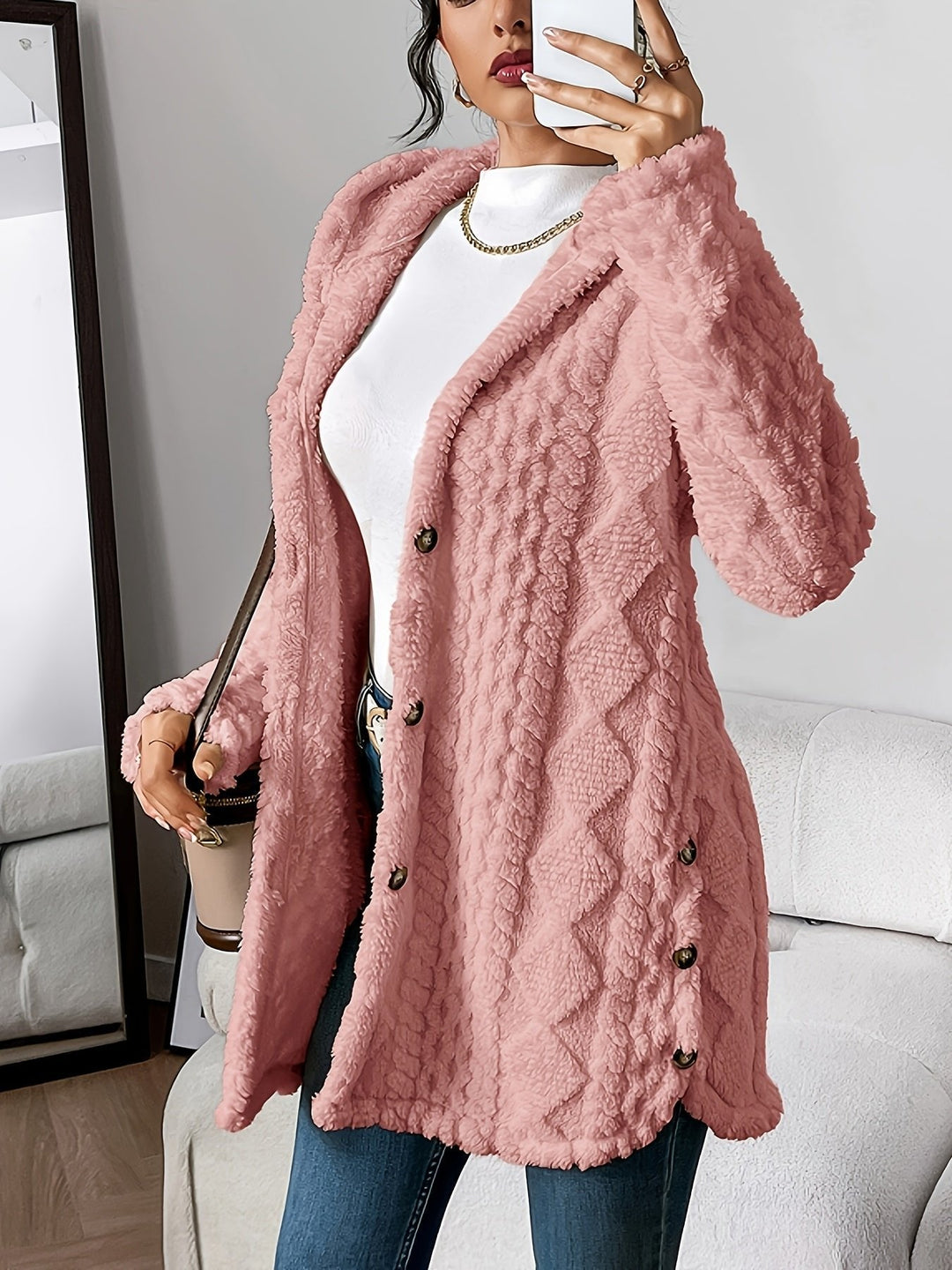 Stylish Fleece Cardigan Sweater for Women with Button Front Hooded Pockets Oversized Party Style