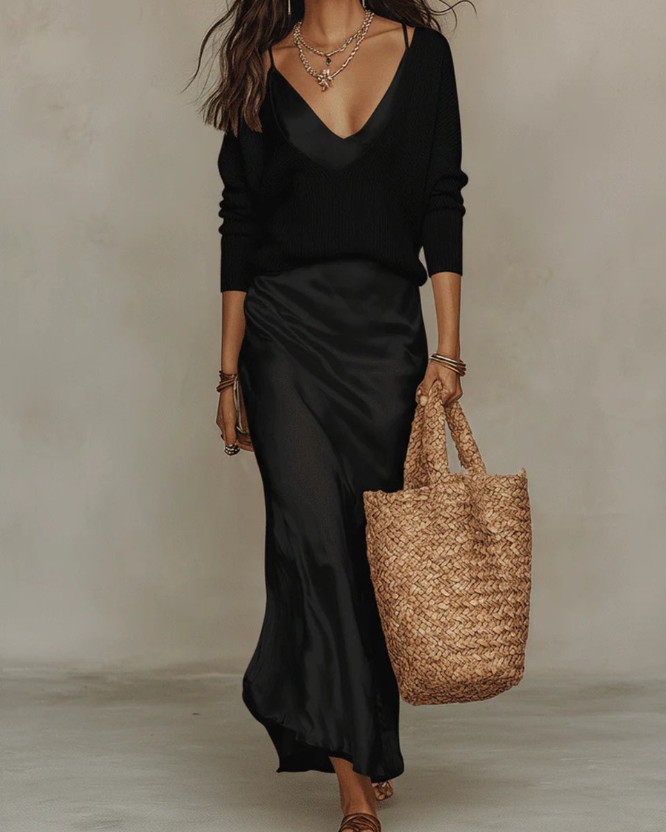 Mia | Women's Satin Midi Layered Knit Sweater Dress