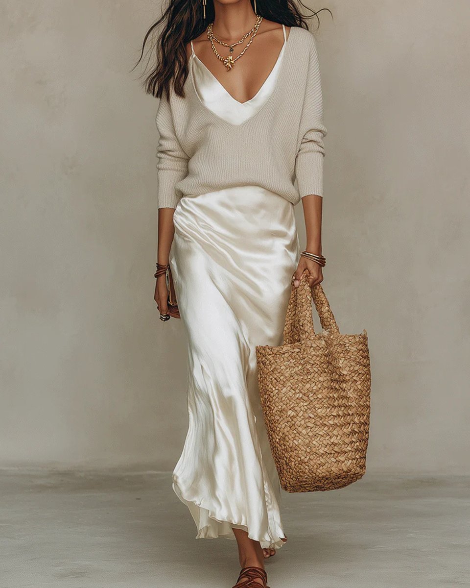 Mia | Women's Satin Midi Layered Knit Sweater Dress