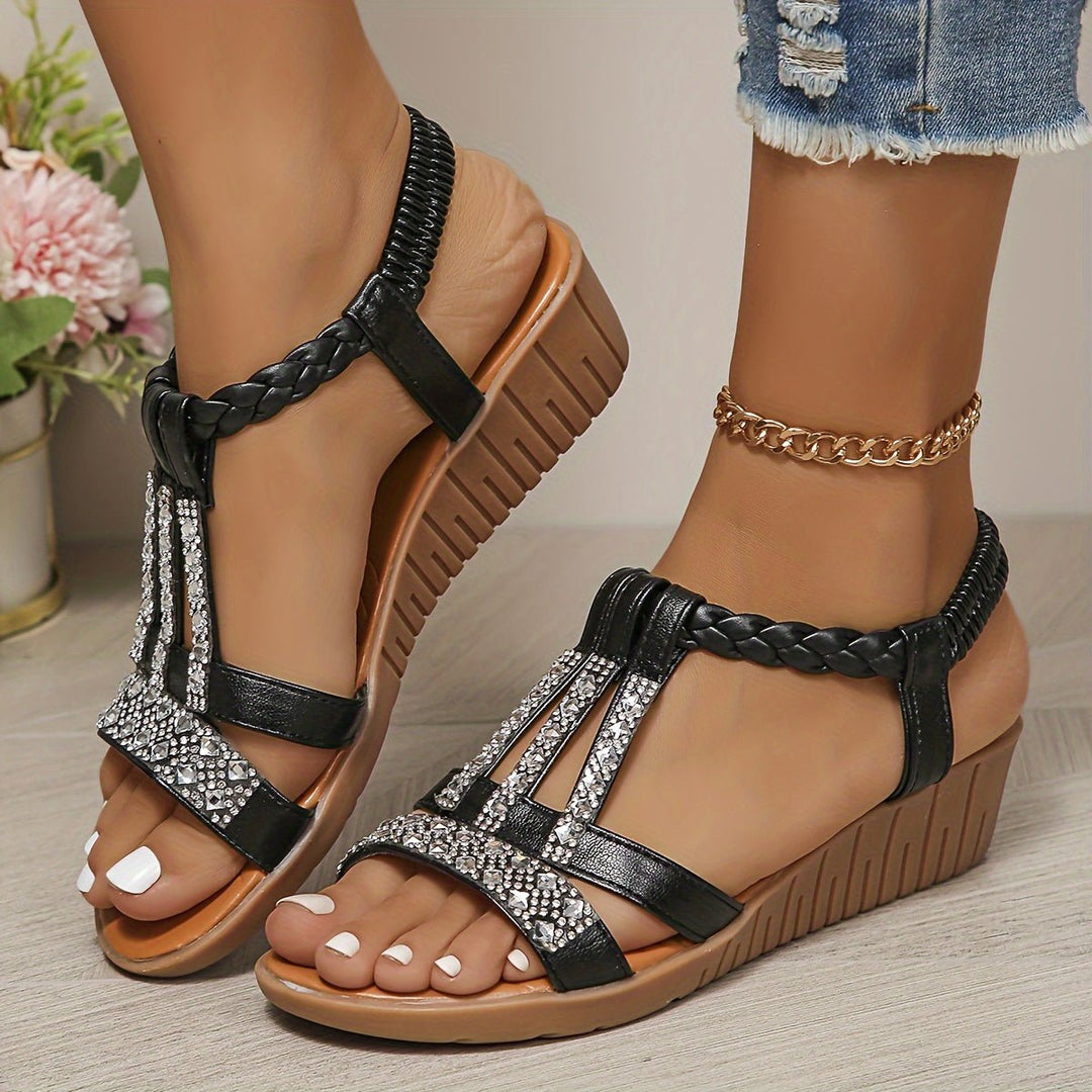 Oakley | Women's Rhinestone Metallic Wedge Heel Sandals