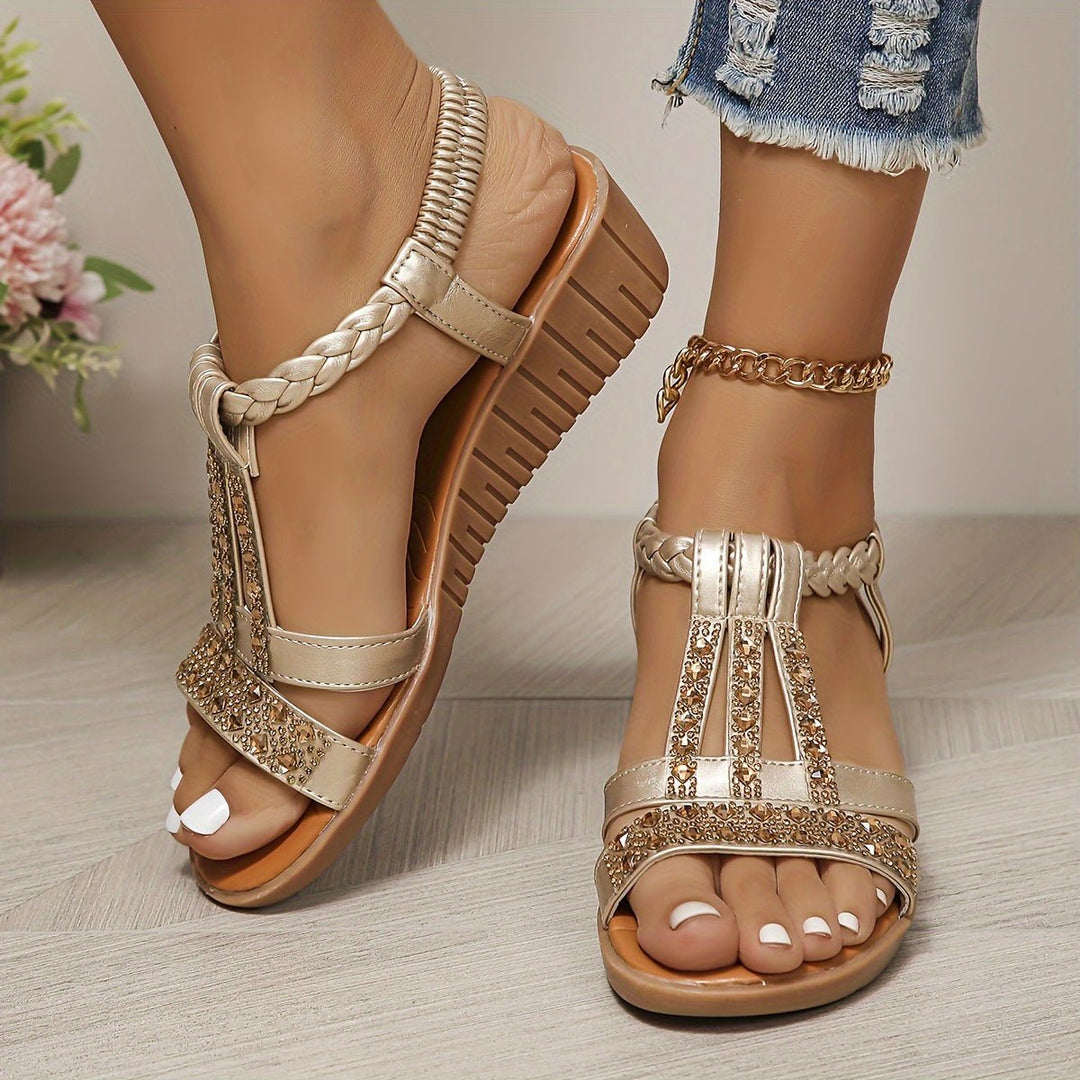 Oakley | Women's Rhinestone Metallic Wedge Heel Sandals