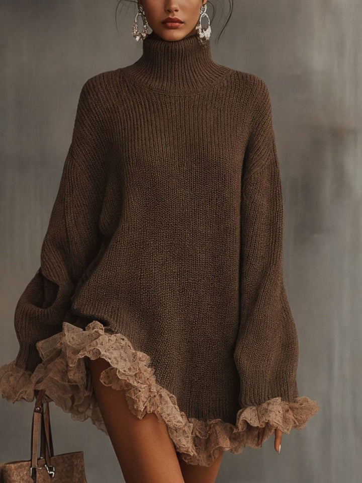 Greer | Women's Turtleneck Oversized Lace Hem Sweater Dress