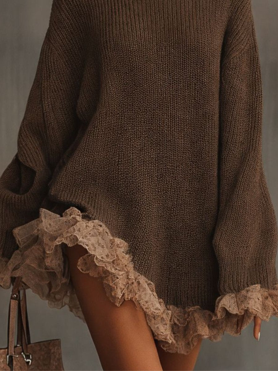 Greer | Women's Turtleneck Oversized Lace Hem Sweater Dress