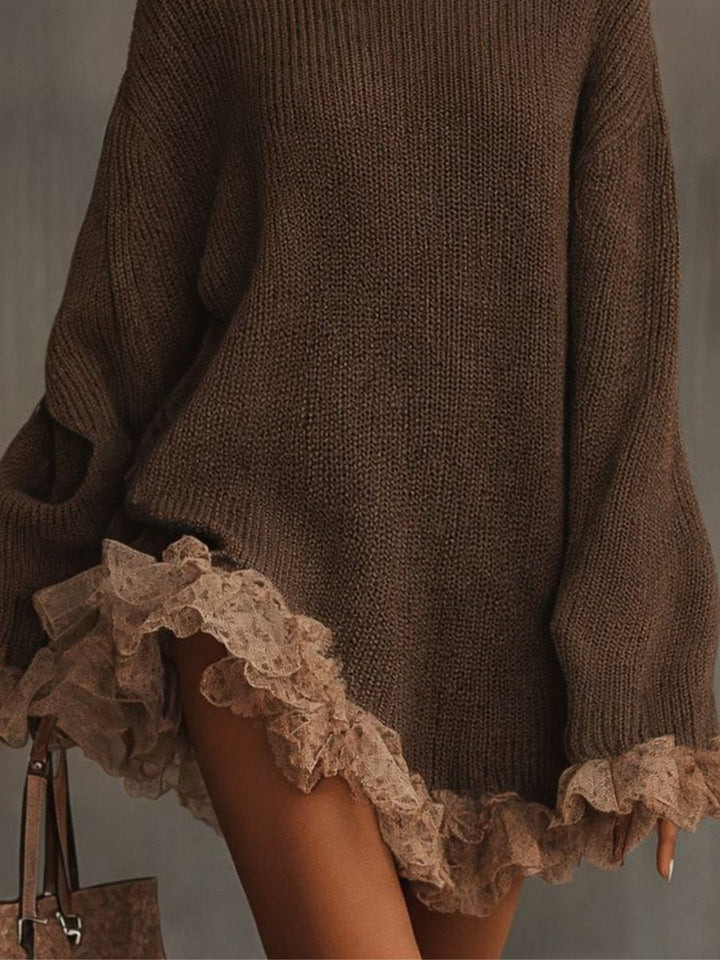 Greer | Women's Turtleneck Oversized Lace Hem Sweater Dress