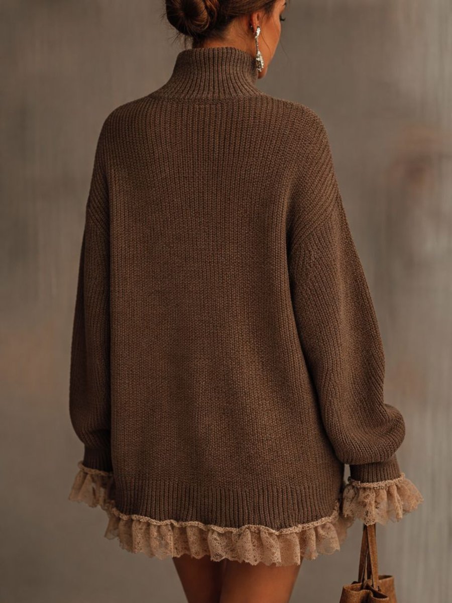 Greer | Women's Turtleneck Oversized Lace Hem Sweater Dress
