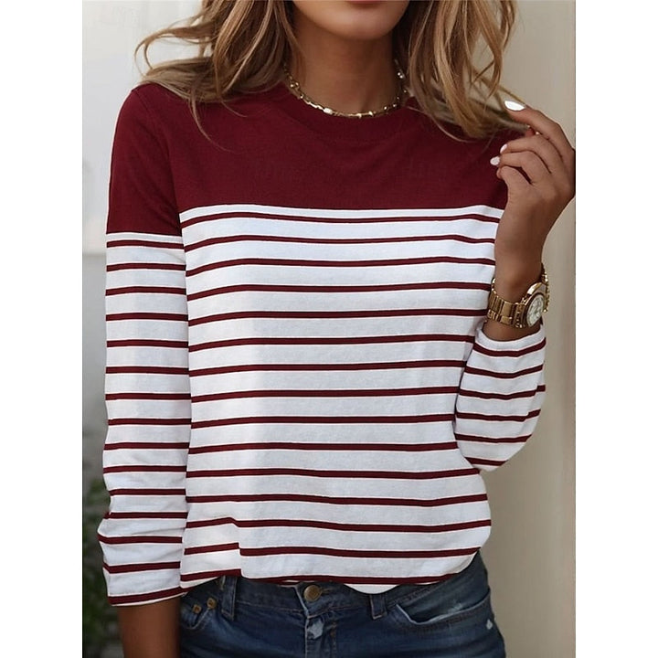 Striped Color Block Crew Neck Long Sleeve Casual Knit Tee Shirt Top