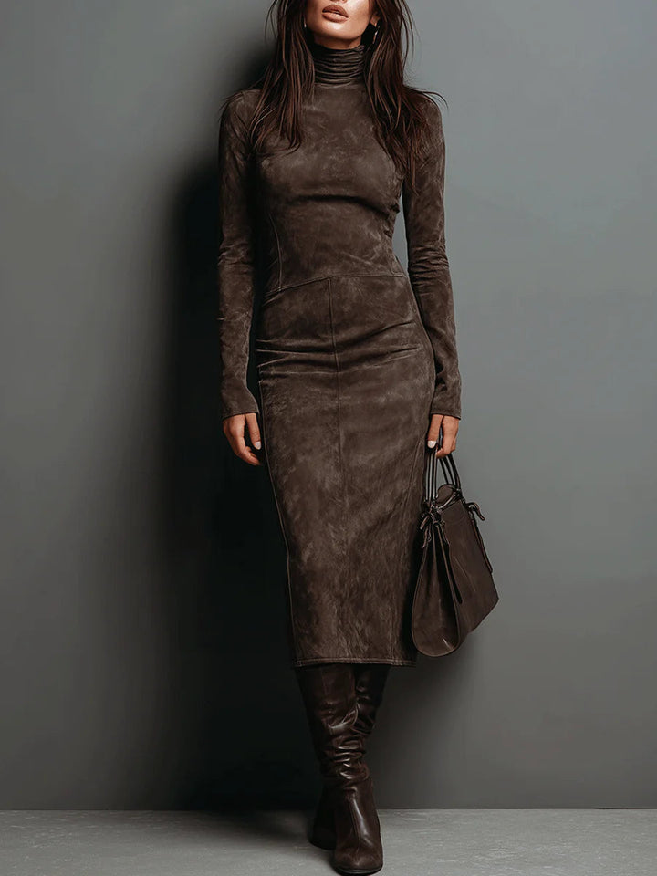 Twila | Women's Turtleneck Suede Long Sleeve Floral Dress