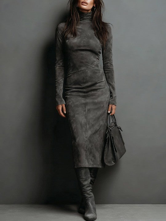 Twila | Women's Turtleneck Suede Long Sleeve Floral Dress