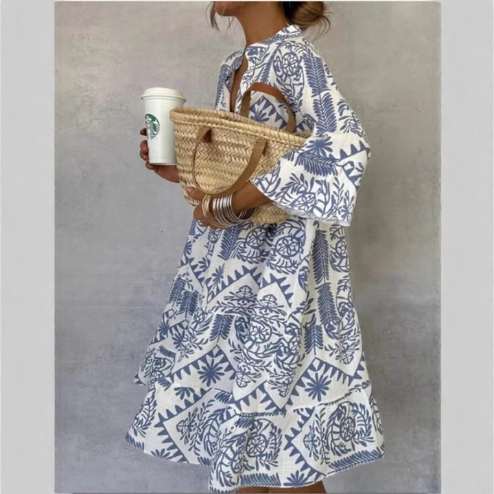 Floral Print Split Neck Bell Sleeve Flowy Boho Babydoll Mini Sundress