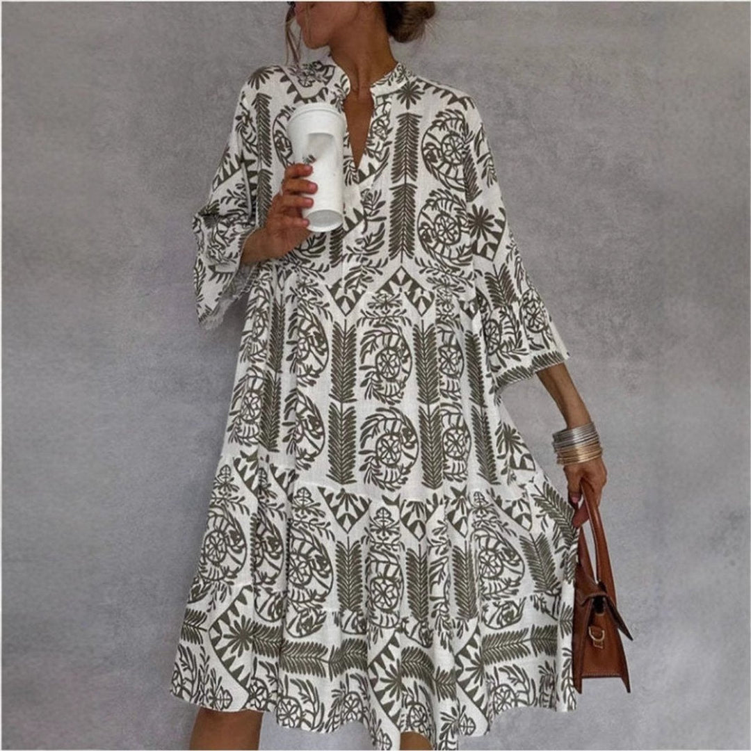 Floral Print Split Neck Bell Sleeve Flowy Boho Babydoll Mini Sundress
