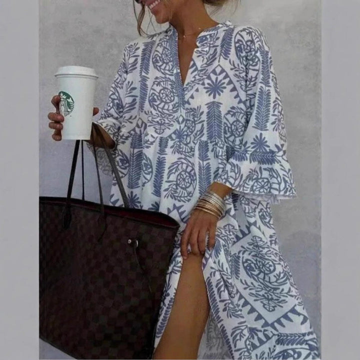 Floral Print Split Neck Bell Sleeve Flowy Boho Babydoll Mini Sundress