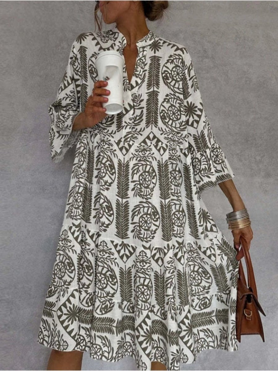 Floral Print Split Neck Bell Sleeve Flowy Boho Babydoll Mini Sundress