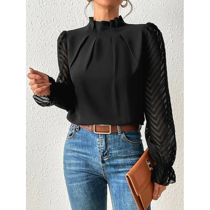 Mock Neck Long Sleeve Pleated Sheer Lace Ruffle Going Out Blouse Top
