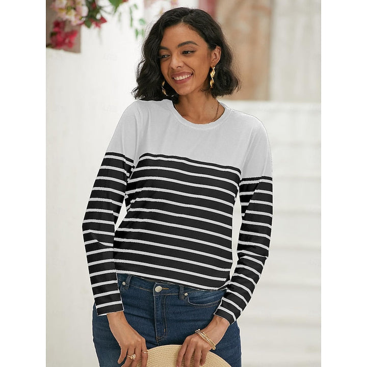 Striped Color Block Crew Neck Long Sleeve Casual Knit Tee Shirt Top