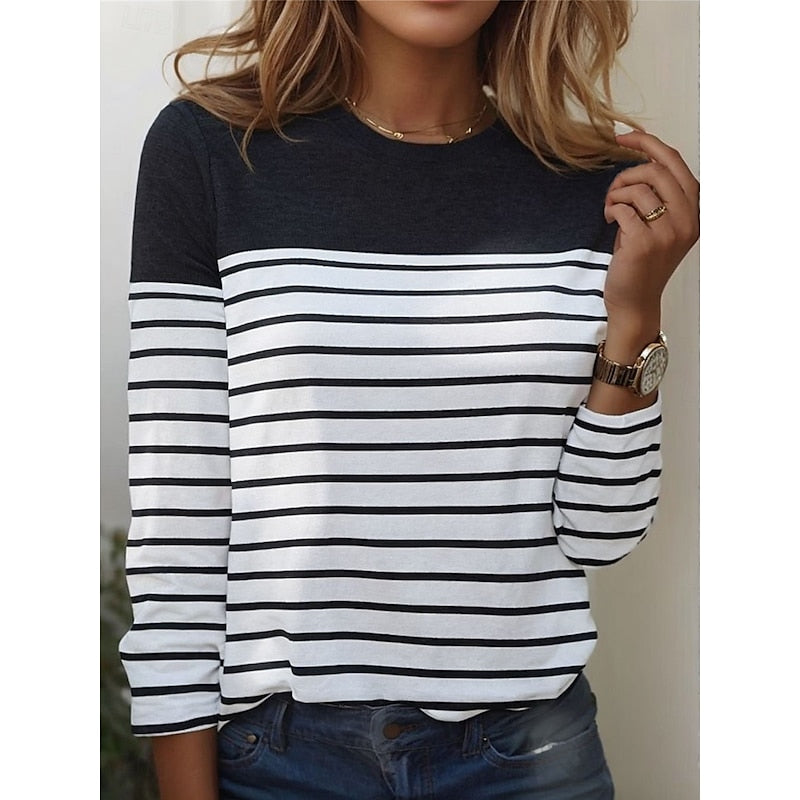 Striped Color Block Crew Neck Long Sleeve Casual Knit Tee Shirt Top