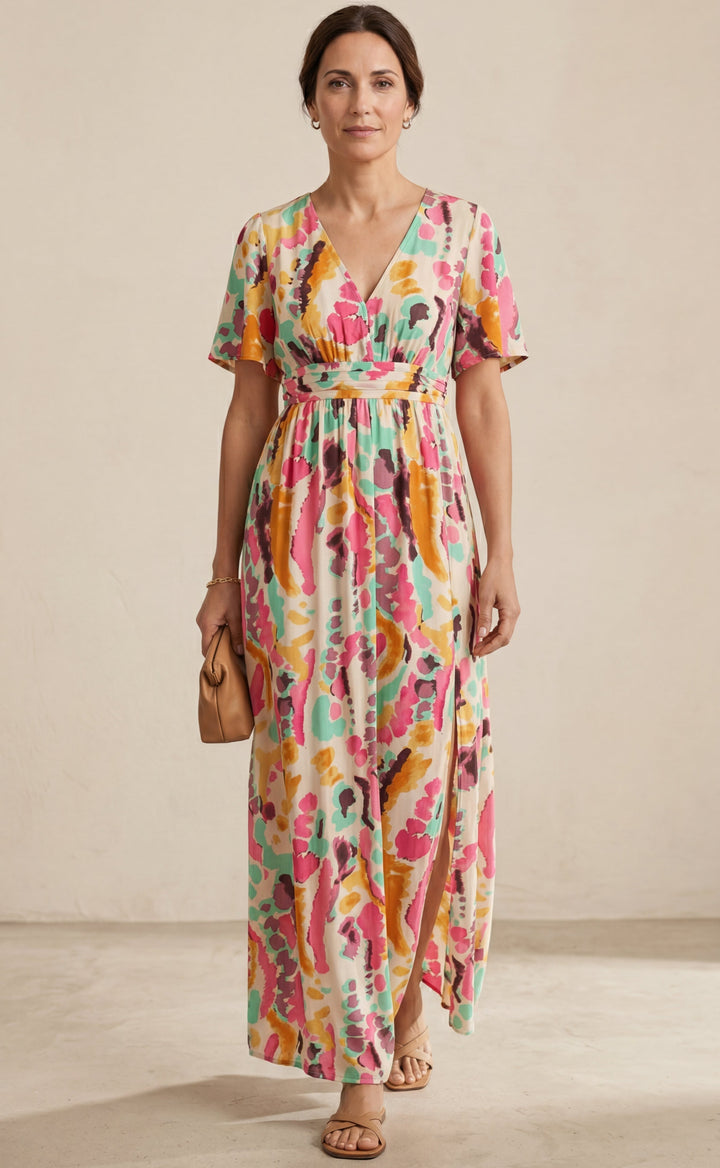 Persephone | Women's Floral V Neck Belted Casual Midi Drawstring Dress
