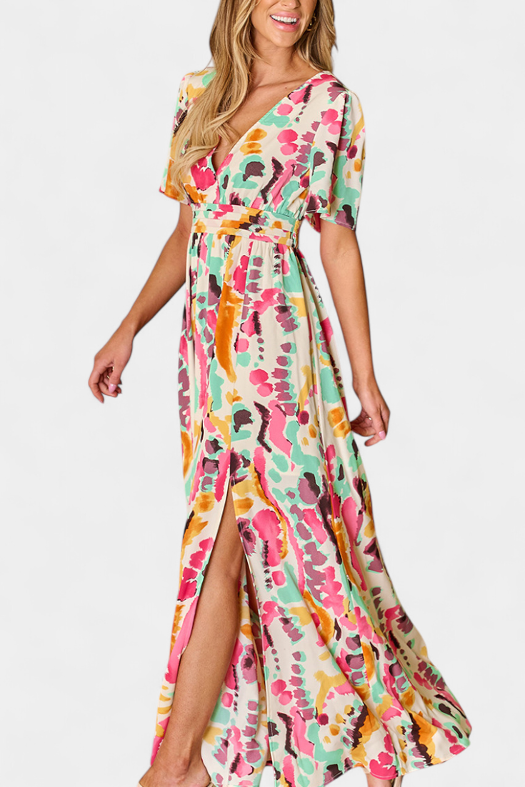 Persephone | Women's Floral V Neck Belted Casual Midi Drawstring Dress