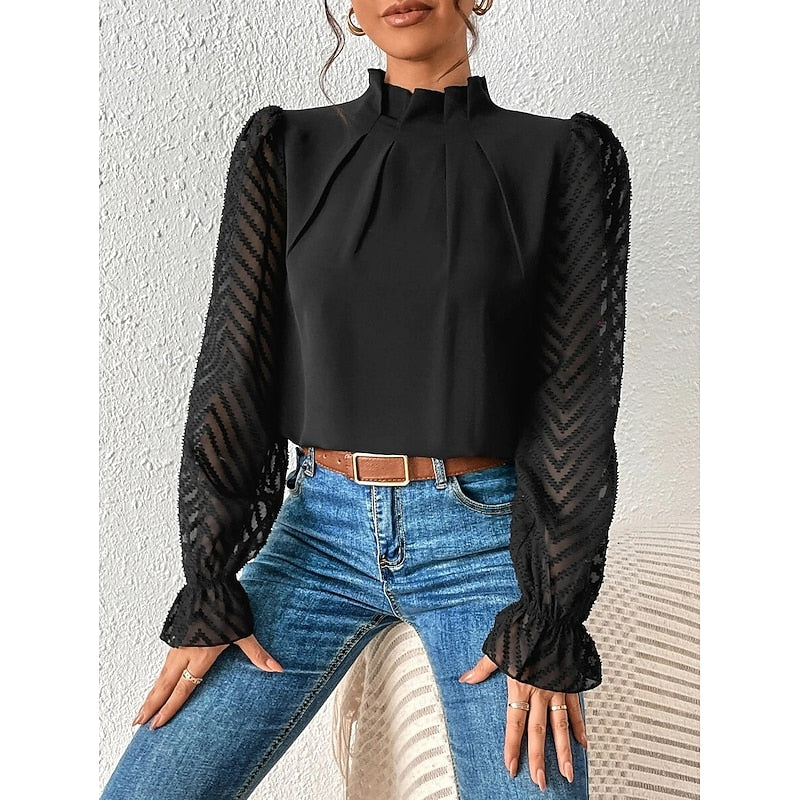 Mock Neck Long Sleeve Pleated Sheer Lace Ruffle Going Out Blouse Top