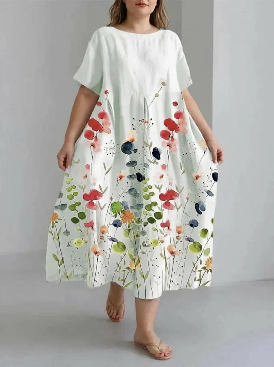 Floral Print Round Neck Short Sleeve Pocket Loose Oversized Plus Size Boho Midi Dress