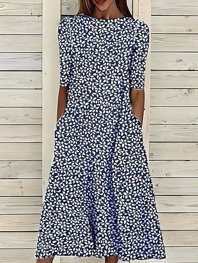 Savannah | Women's Plaid Crew Neck Short Sleeve Stretchy Casual Midi Breathable Dress